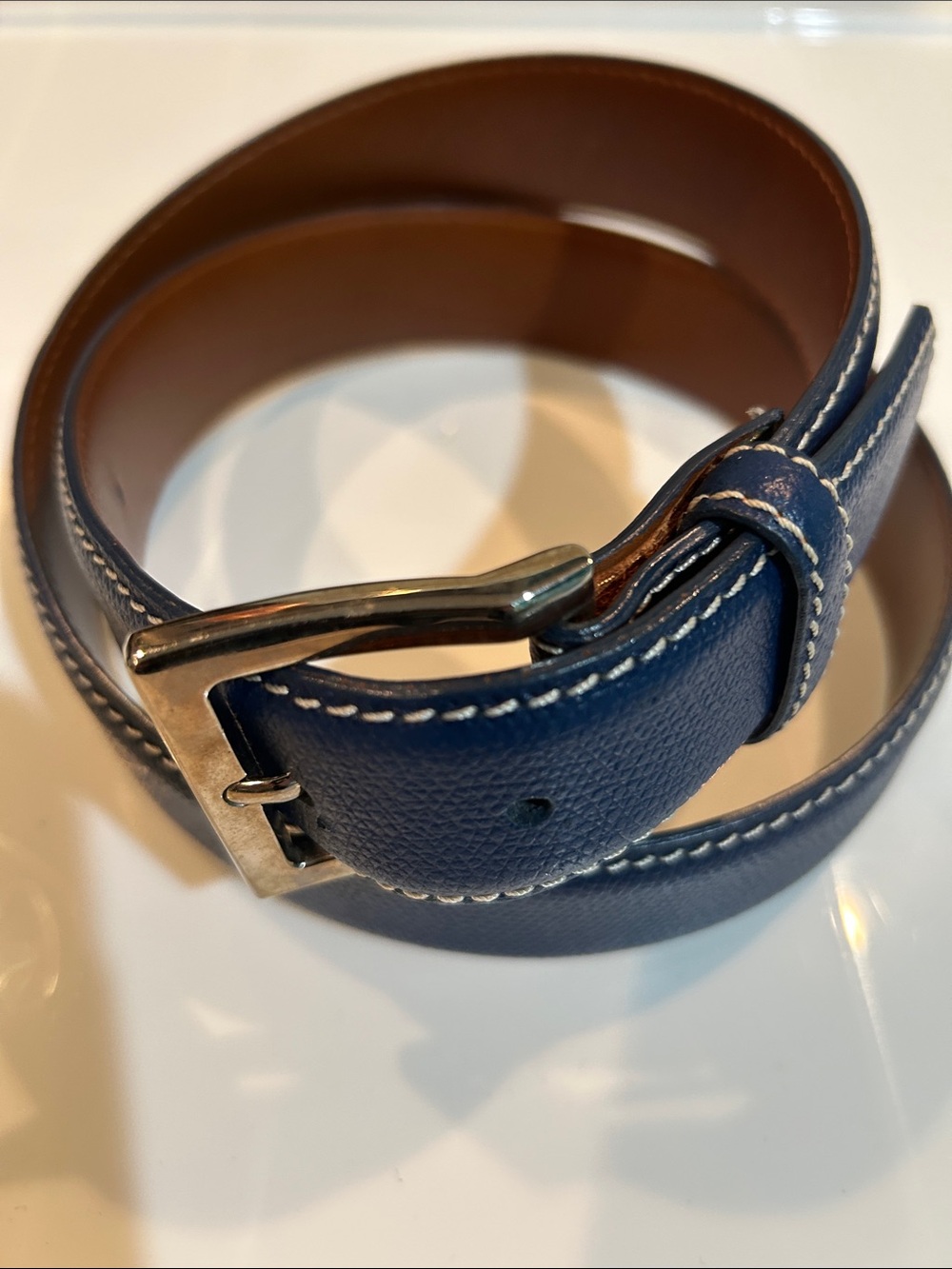 Brooks Brothers Men's Blue Leather Belt with Contrast Stitching